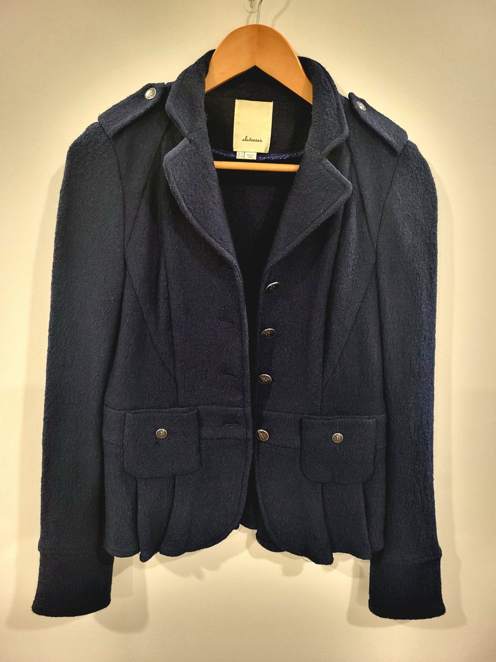 Anthropologie Elevenses Button Front Peplum Jacket Navy SZ4